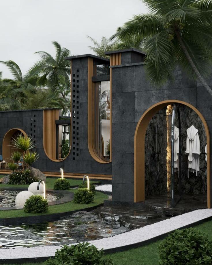 landscape design, water feature design, restaurant design, building with big glasses, arch entrance, ludhiana, punjab