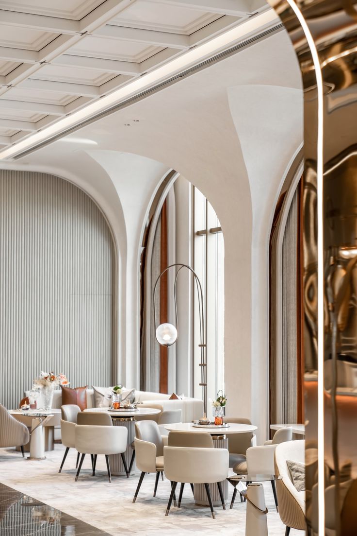 arch windows, square box pop, restaurant sitting pattern, lamp, chrome work, fluted pop on wall, round tables, fabric chair, chrome table, ludhiana, punjab