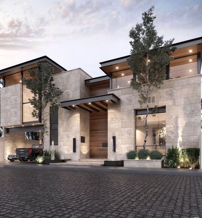 modern house, big entrance door, water feature at entrance, planters at building front, car porch ideas, tile pattern design on elevation, trendy houses, ludhiana, punjab